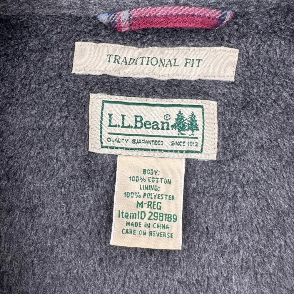 L.L. Bean Shirt Jacket Mens M Burgundy Plaid Fleece Lined Traditional Fit 298189
